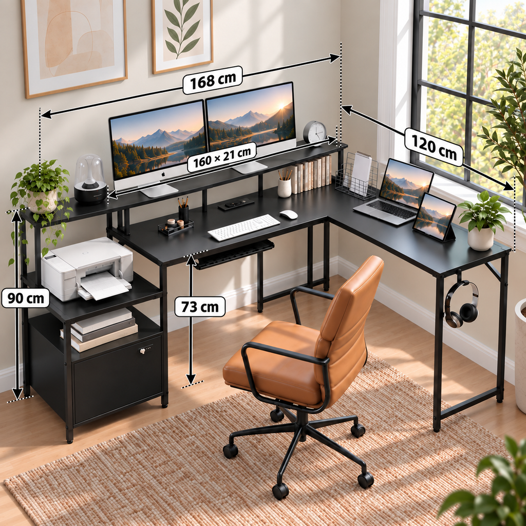 Bureau d’Angle en L 168 × 120 cm avec Rangements et USB