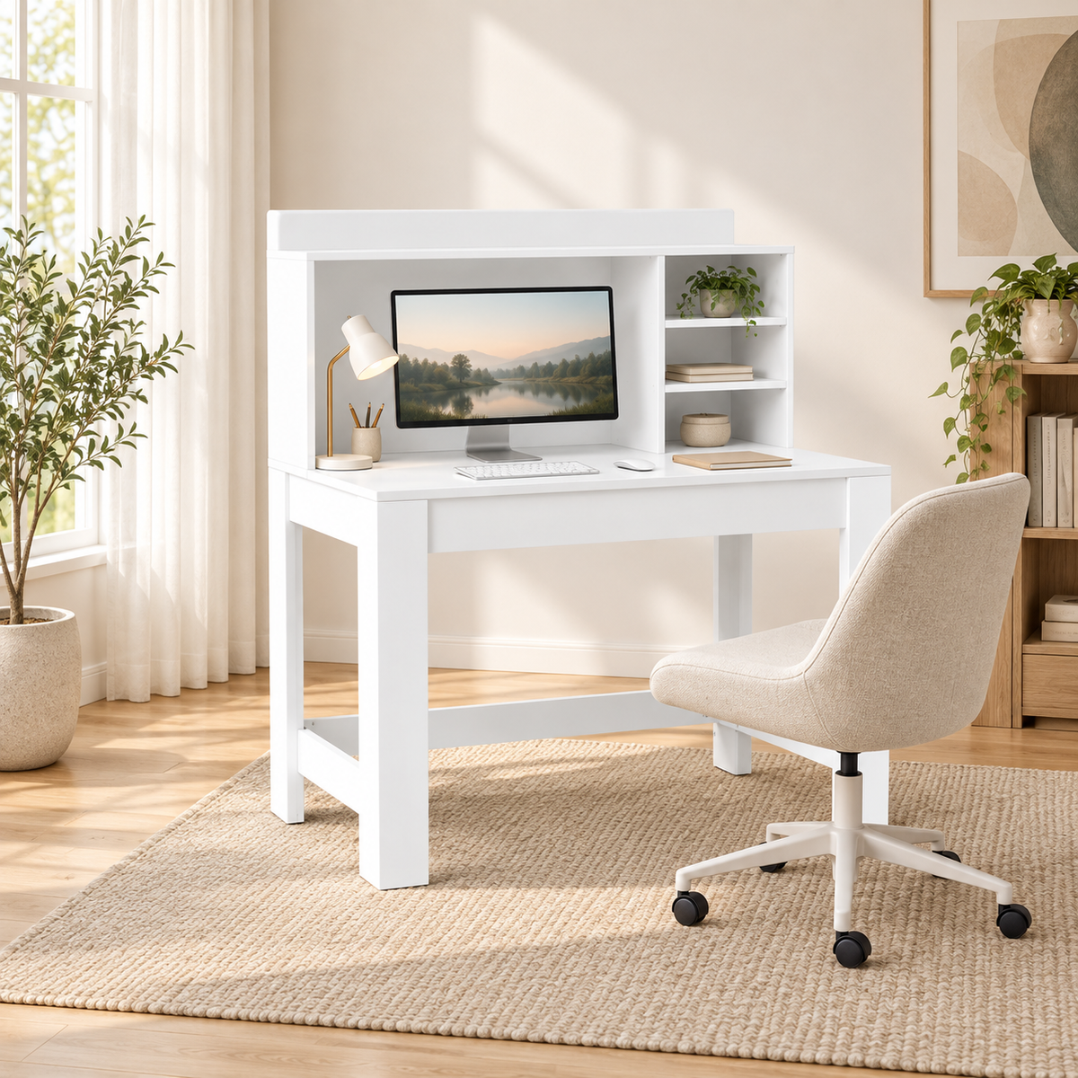 Bureau Informatique avec Étagères et Prises – 108 cm Blanc