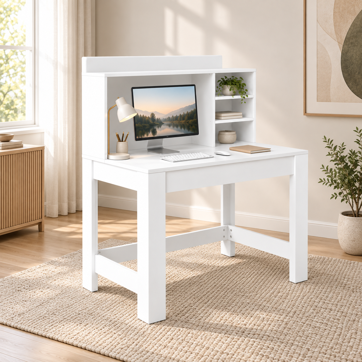 Bureau Informatique avec Étagères et Prises – 108 cm Blanc