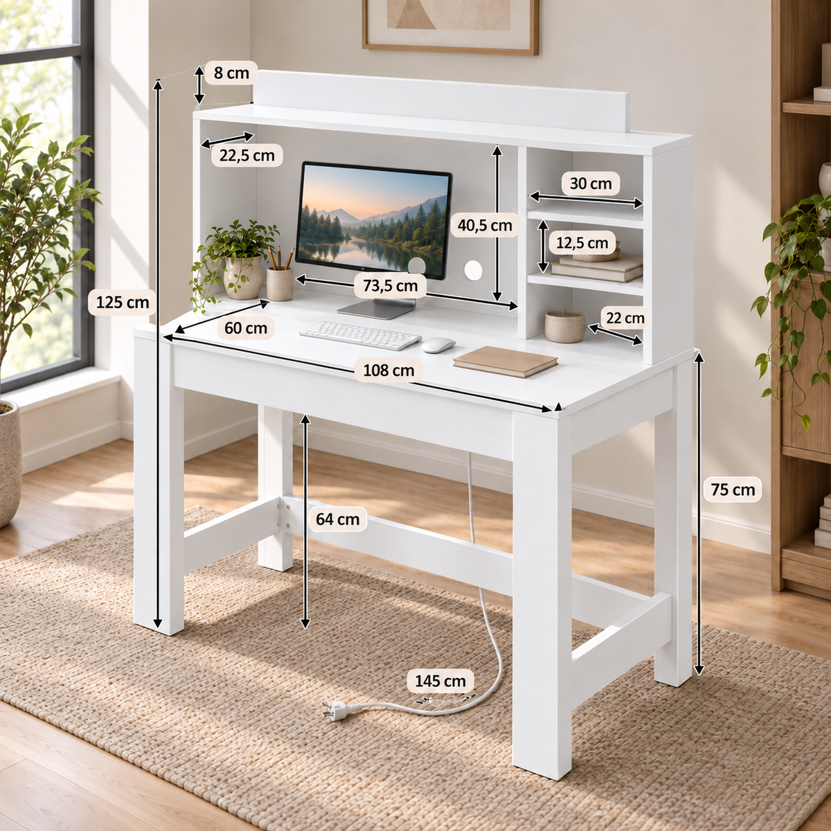 Bureau Informatique avec Étagères et Prises – 108 cm Blanc