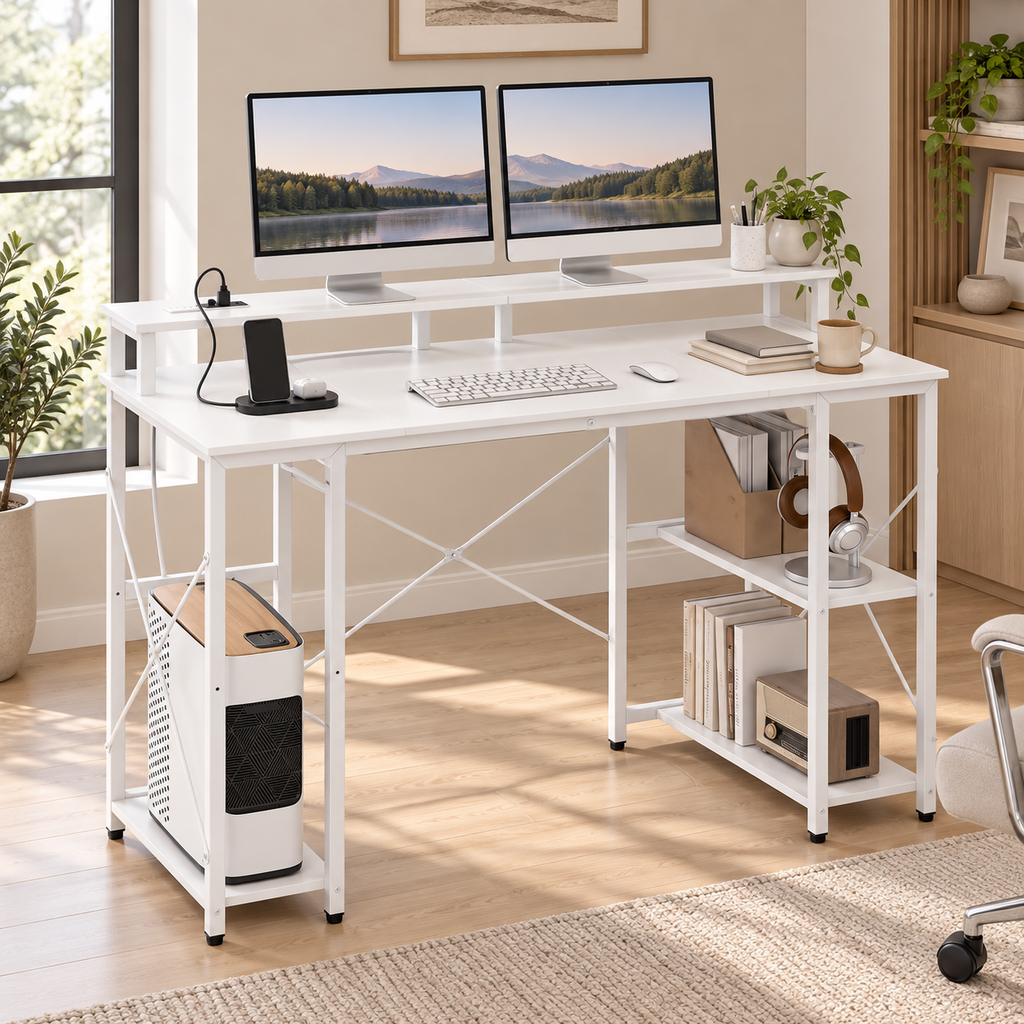 Bureau Informatique LED avec Station de Charge, Support Écran et Rangements – Blanc, 120 × 50 × 87 cm