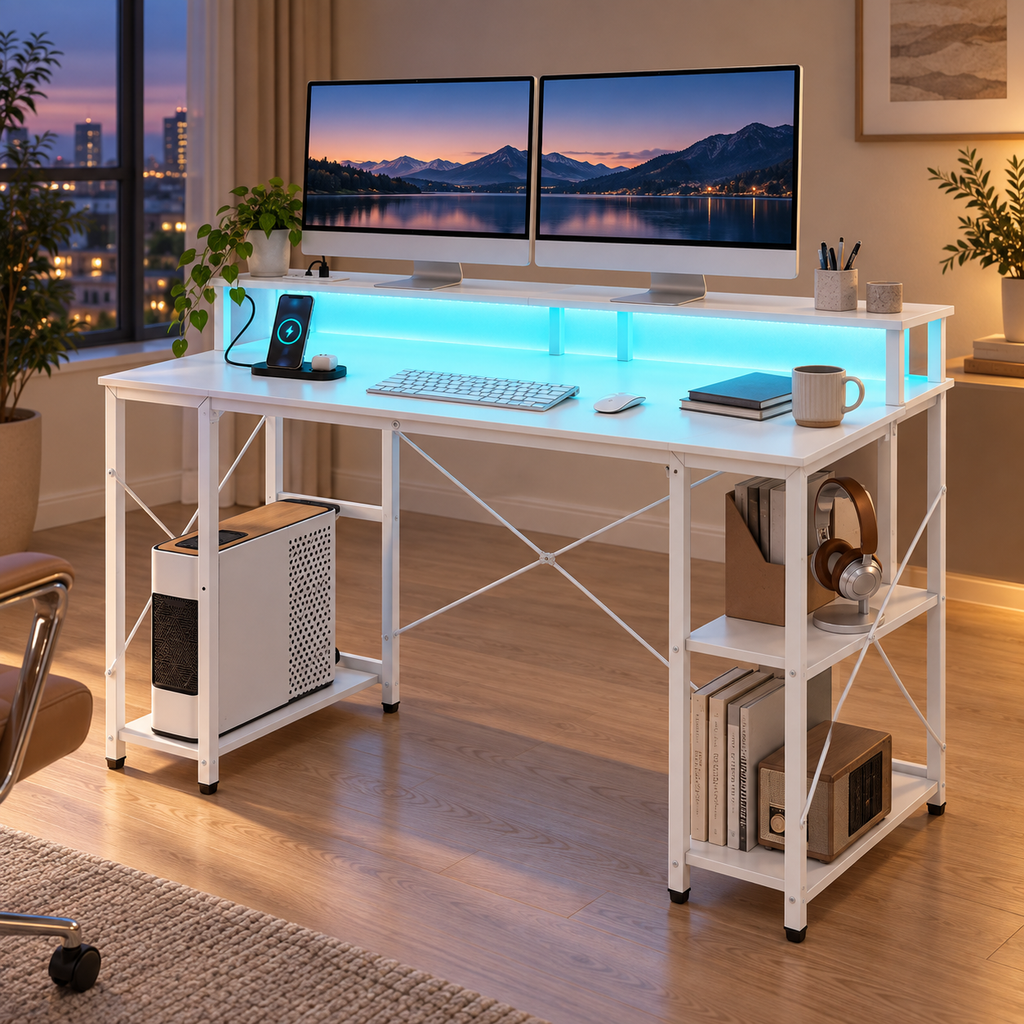 Bureau Informatique LED avec Station de Charge, Support Écran et Rangements – Blanc, 120 × 50 × 87 cm