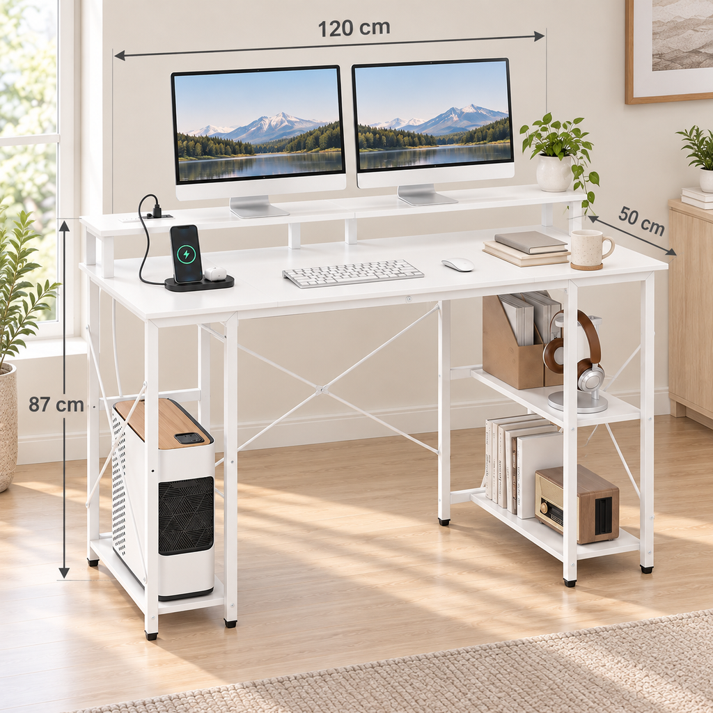 Bureau Informatique LED avec Station de Charge, Support Écran et Rangements – Blanc, 120 × 50 × 87 cm