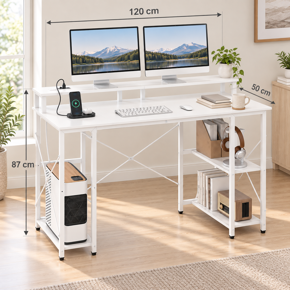 Bureau Informatique LED avec Station de Charge, Support Écran et Rangements – Blanc, 120 × 50 × 87 cm