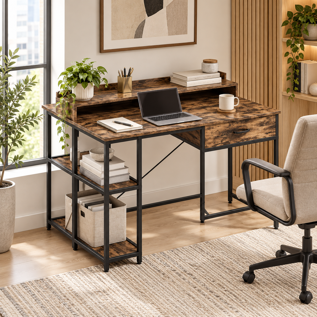 Bureau Informatique Industriel avec Tiroir et Étagères – 106 cm
