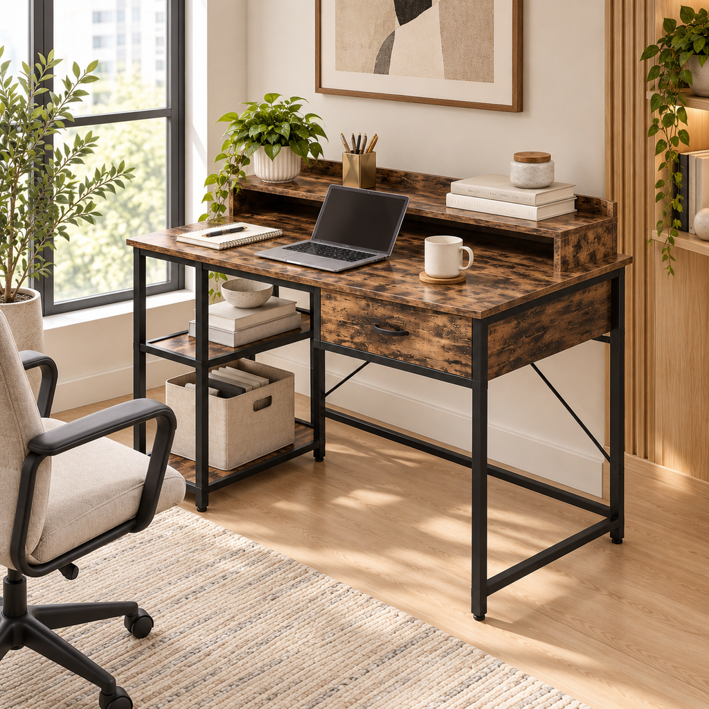 Bureau Informatique Industriel avec Tiroir et Étagères – 106 cm