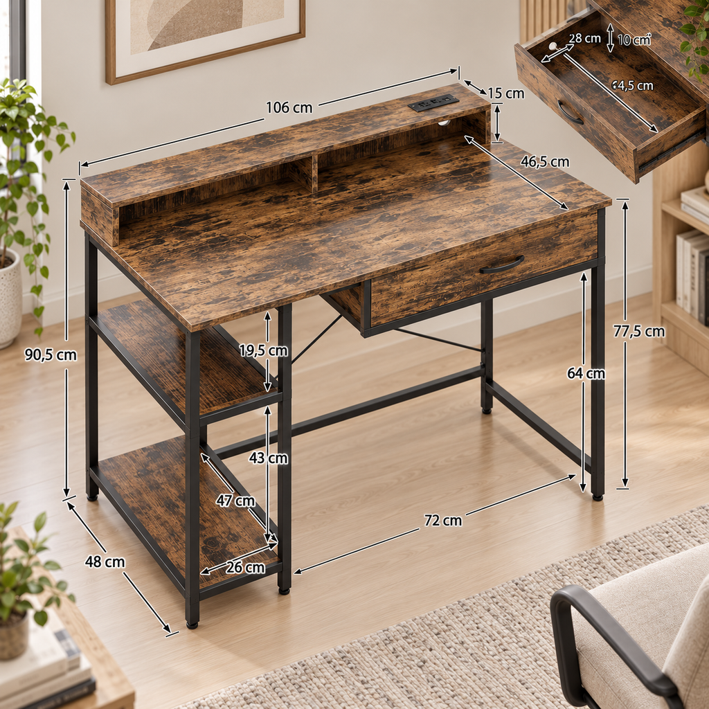 Bureau Informatique Industriel avec Tiroir et Étagères – 106 cm