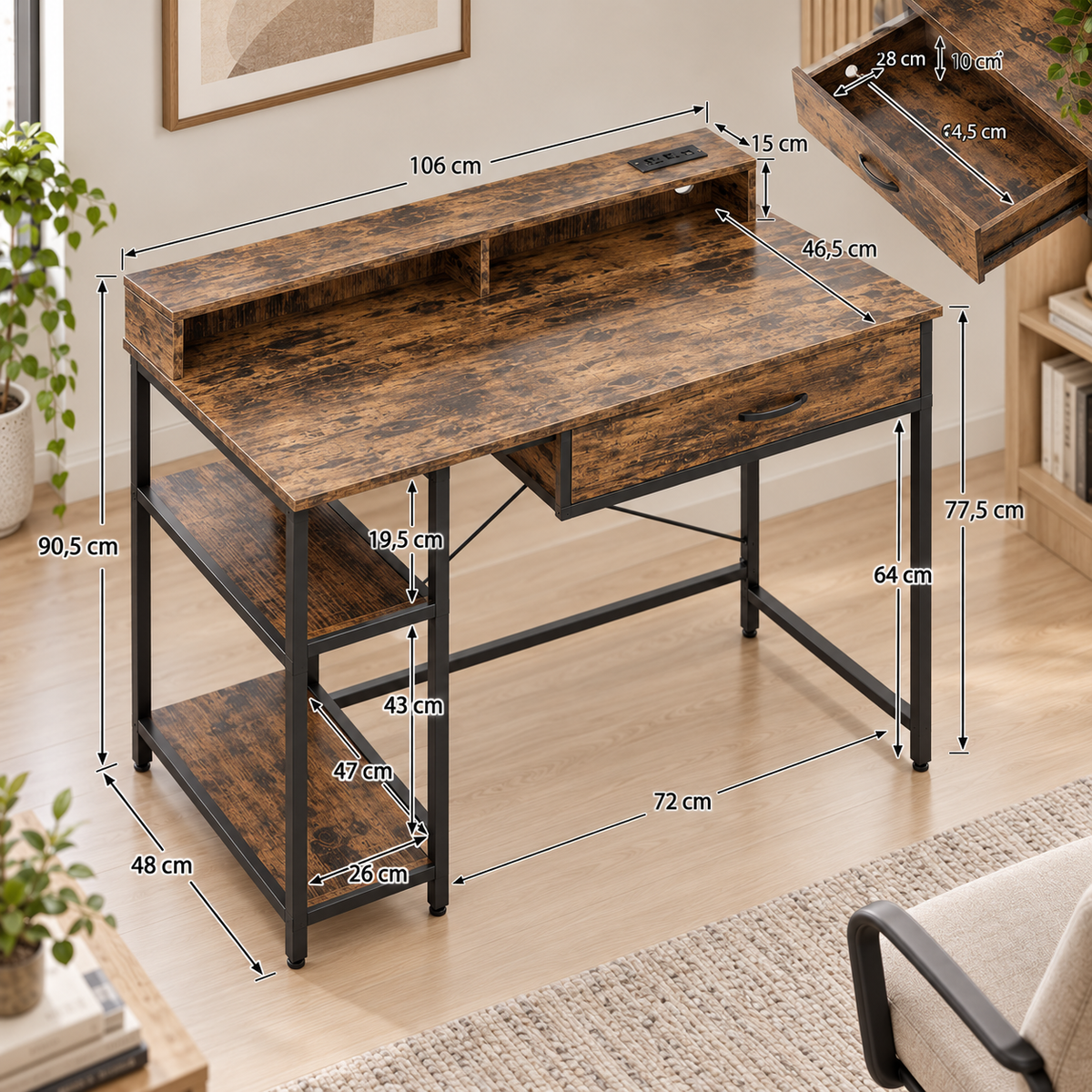 Bureau Informatique Industriel avec Tiroir et Étagères – 106 cm