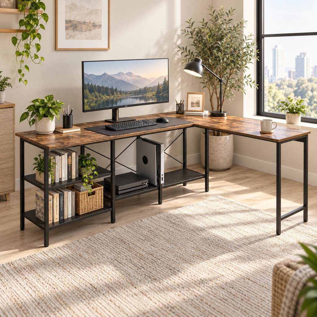 Bureau d’angle réversible avec étagères – Brun rustique