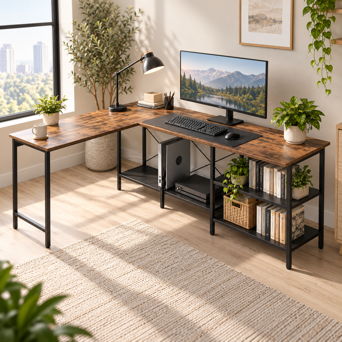 Bureau d’angle réversible avec étagères – Brun rustique