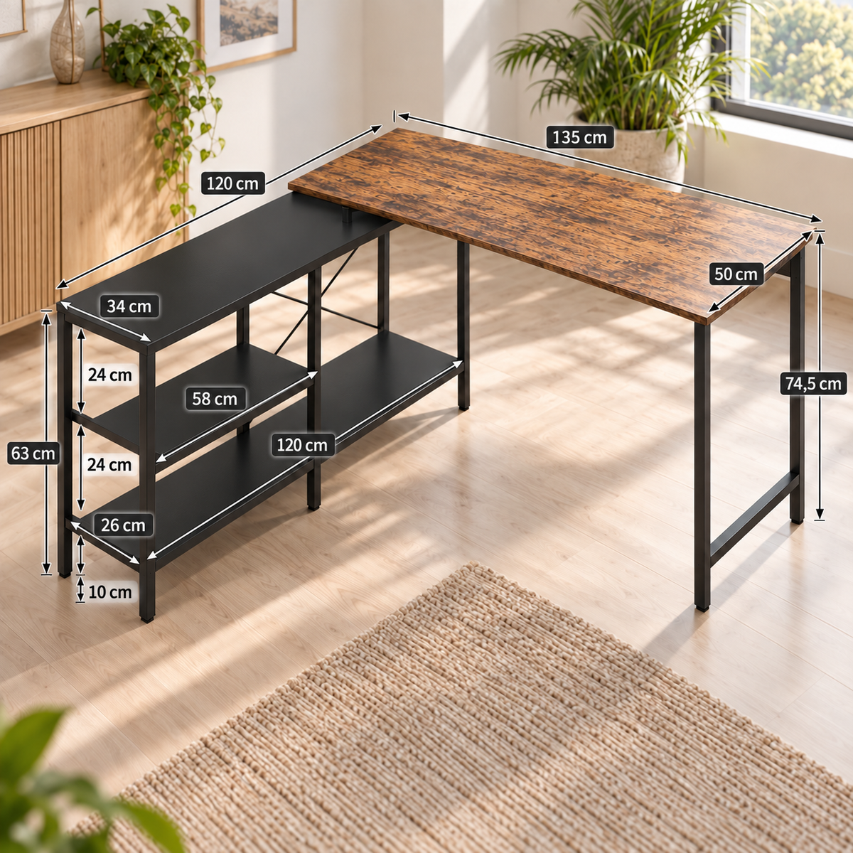 Bureau d’angle réversible avec étagères – Brun rustique