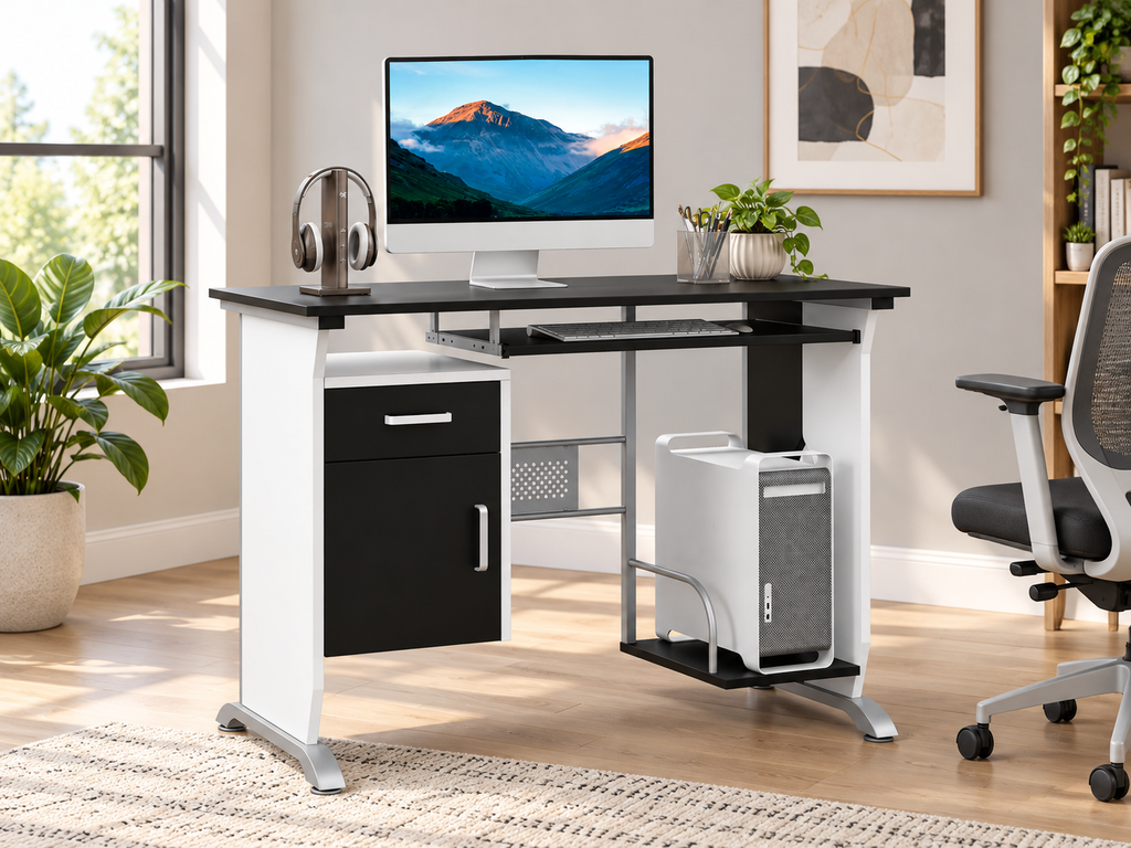 Bureau Informatique avec Rangements 100 x 52 cm Noir et Blanc