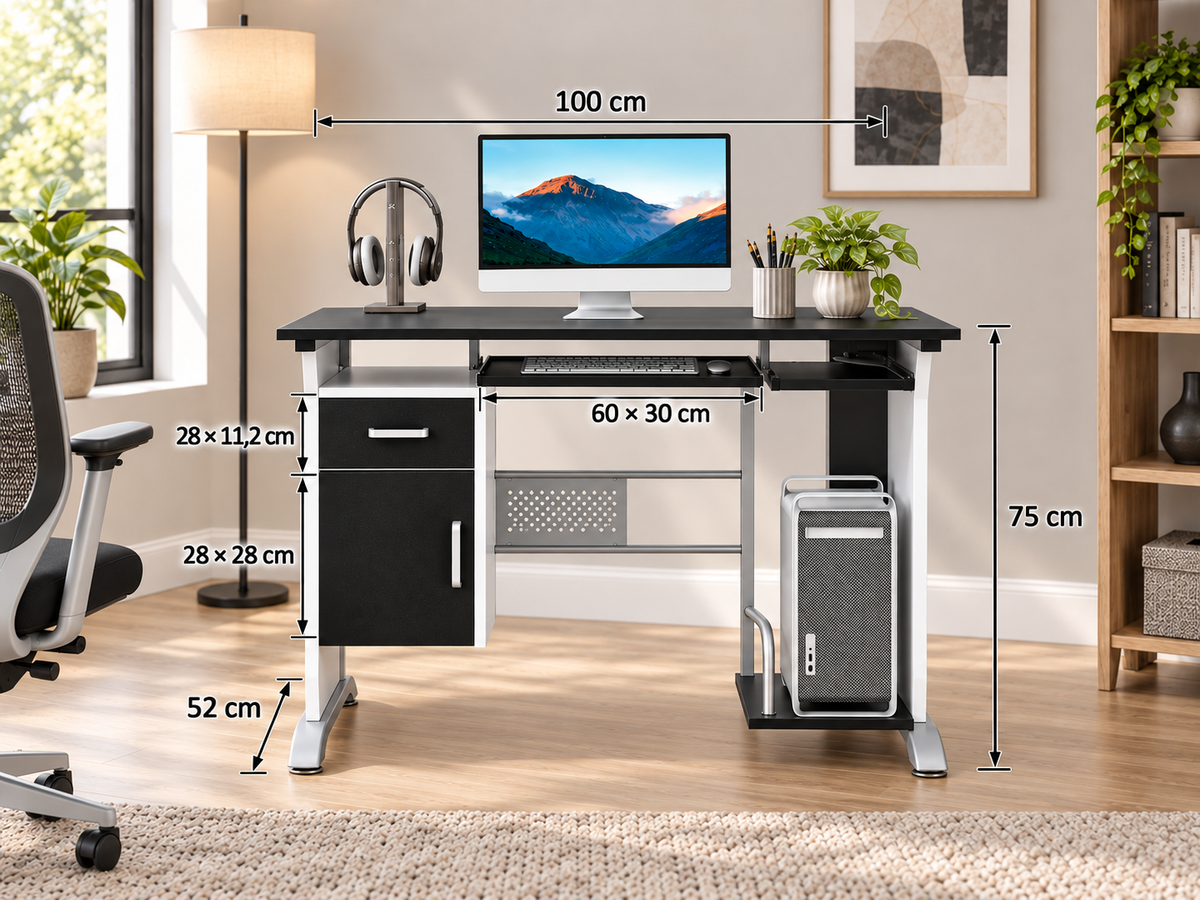 Bureau Informatique avec Rangements 100 x 52 cm Noir et Blanc