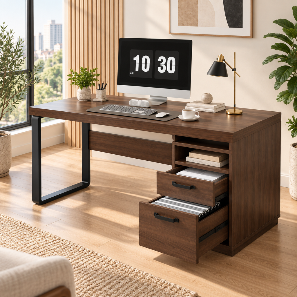 Bureau Informatique Moderne 135 cm avec Tiroirs et Rangement