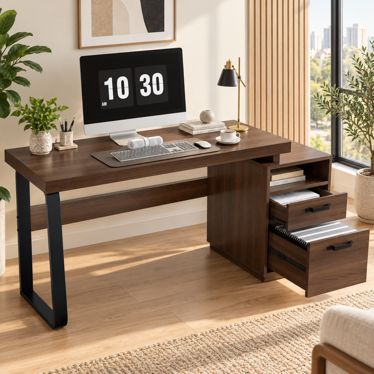 Bureau Informatique Moderne 135 cm avec Tiroirs et Rangement