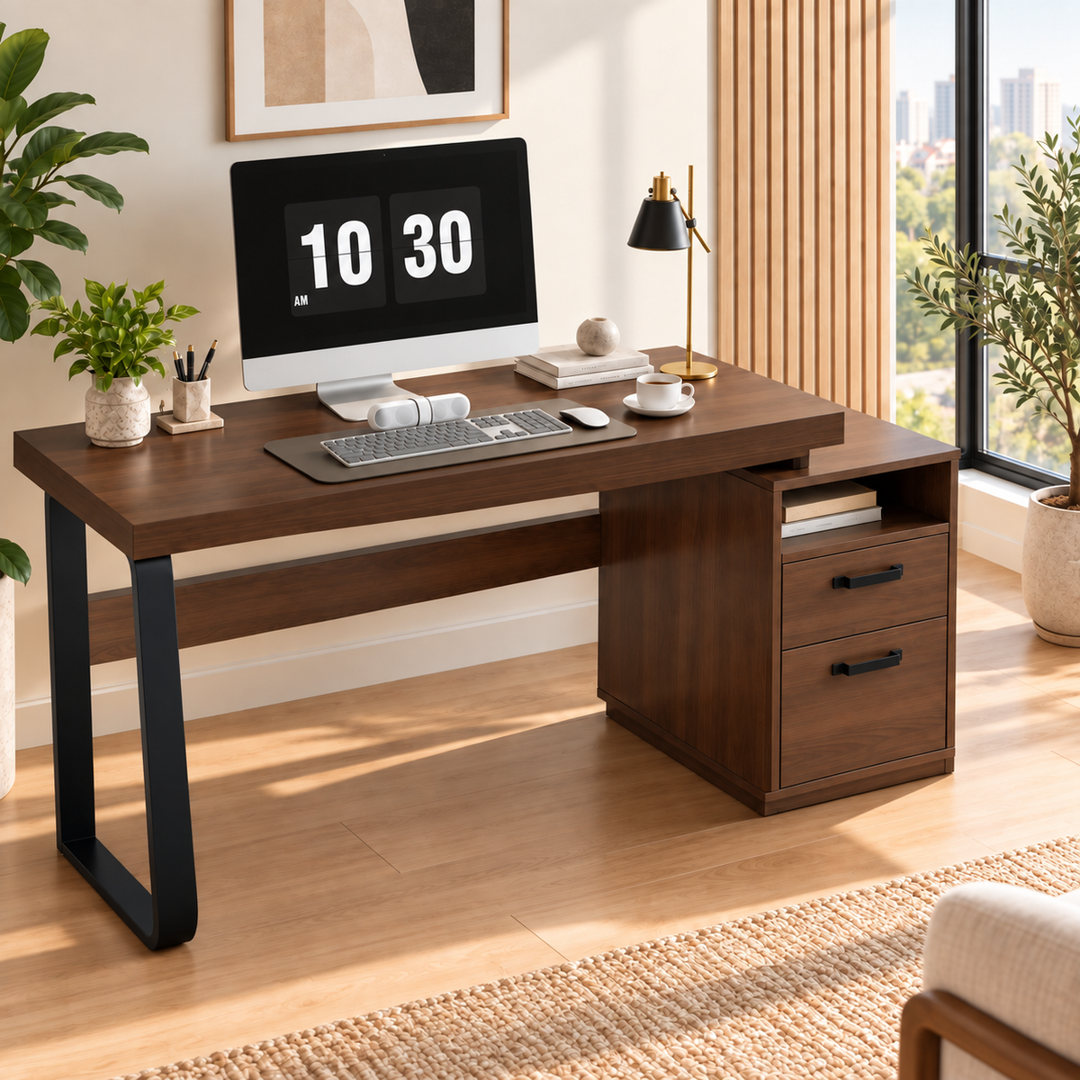 Bureau Informatique Moderne 135 cm avec Tiroirs et Rangement