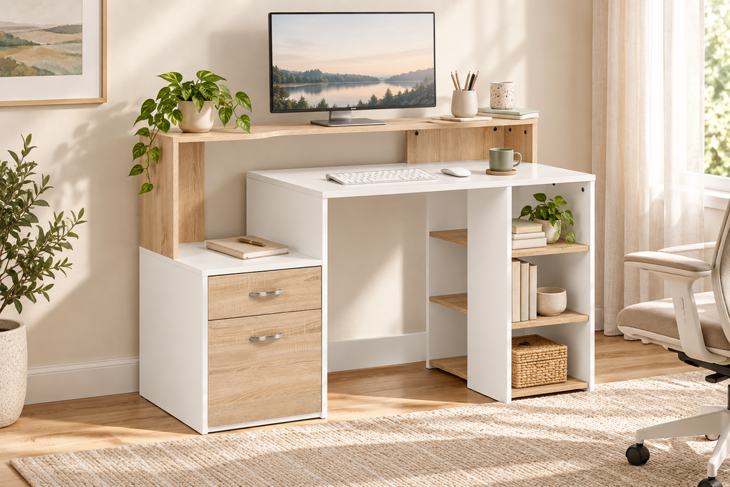 Bureau informatique blanc et bois avec 2 tiroirs et étagères