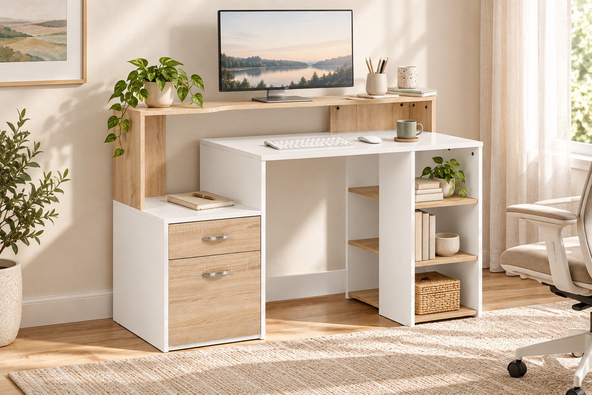 Bureau informatique blanc et bois avec 2 tiroirs et étagères