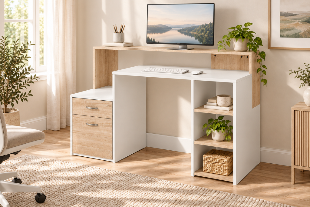 Bureau informatique blanc et bois avec 2 tiroirs et étagères