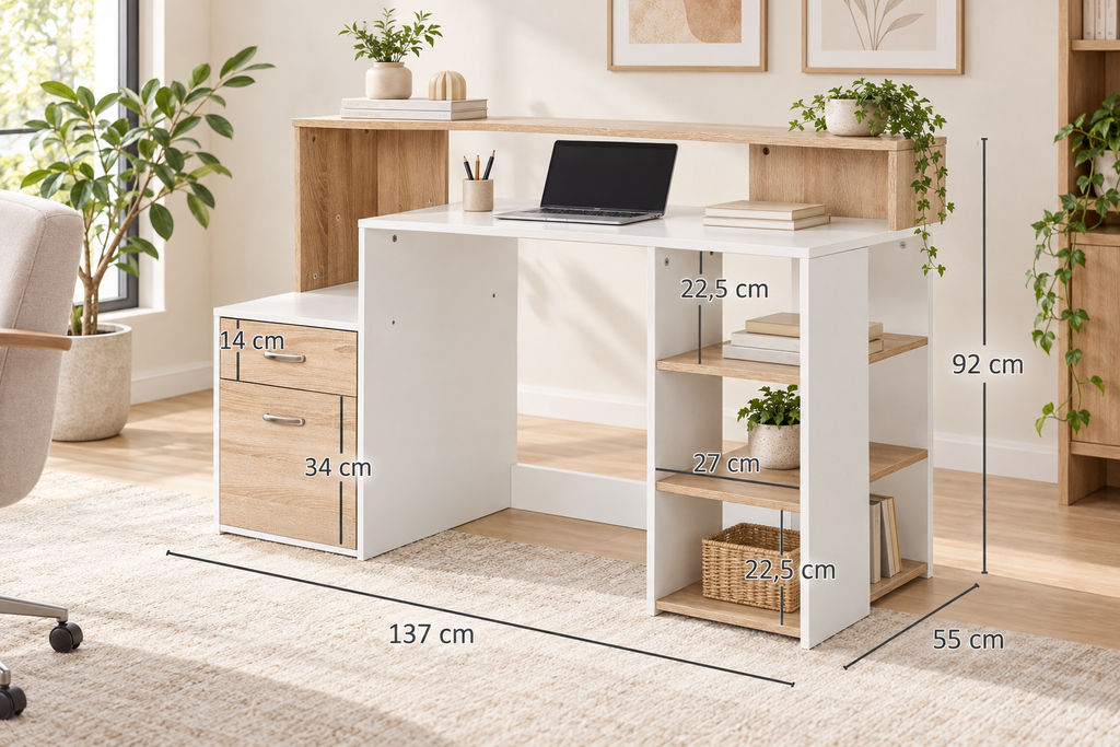 Bureau informatique blanc et bois avec 2 tiroirs et étagères