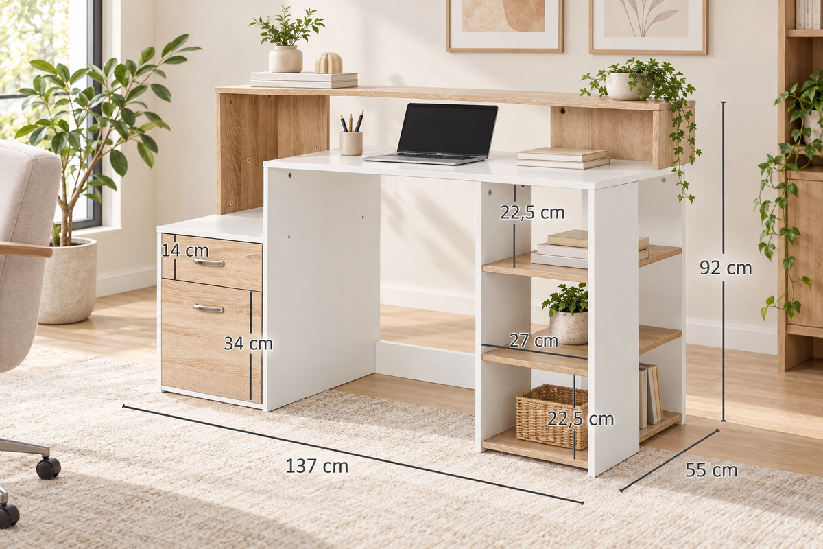 Bureau informatique blanc et bois avec 2 tiroirs et étagères