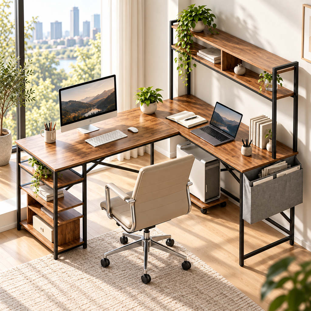 Bureau d’angle industriel en L avec étagères et rangements – Aspect bois et métal