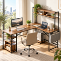 Bureau d’angle industriel en L avec étagères et rangements – Aspect bois et métal