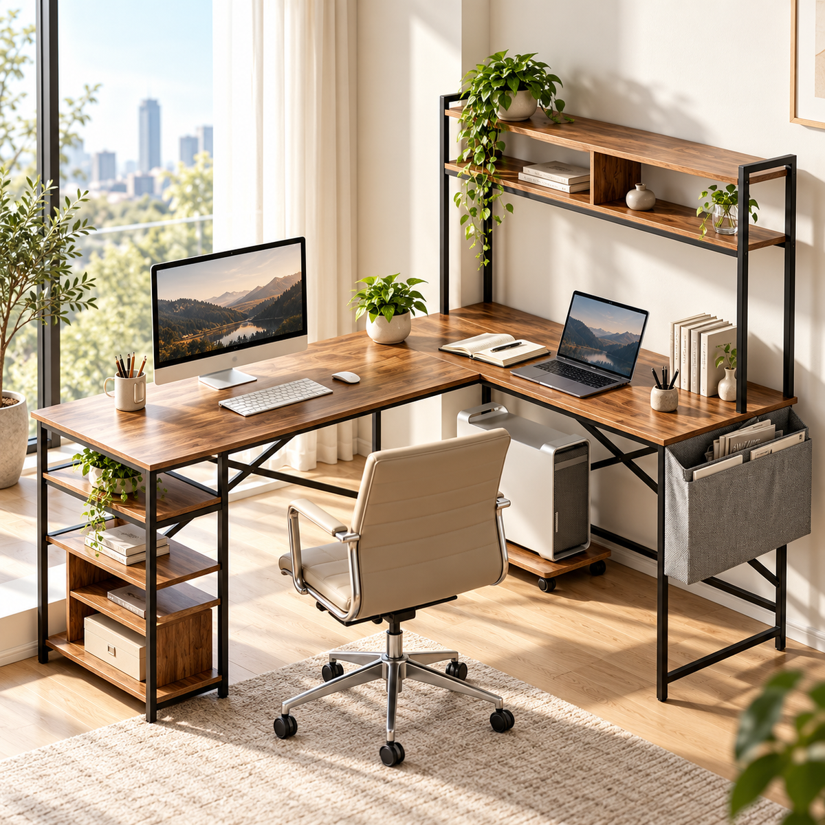 Bureau d’angle industriel en L avec étagères et rangements – Aspect bois et métal