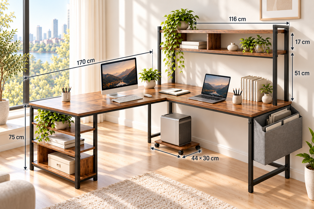 Bureau d’angle industriel en L avec étagères et rangements – Aspect bois et métal
