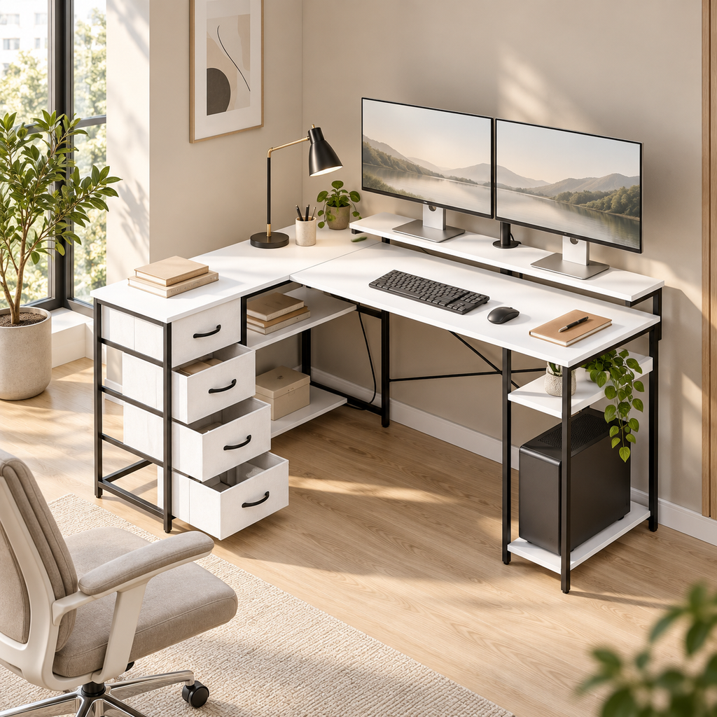 Bureau d’angle réversible blanc avec 4 tiroirs et prises USB