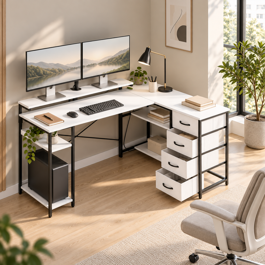 Bureau d’angle réversible blanc avec 4 tiroirs et prises USB
