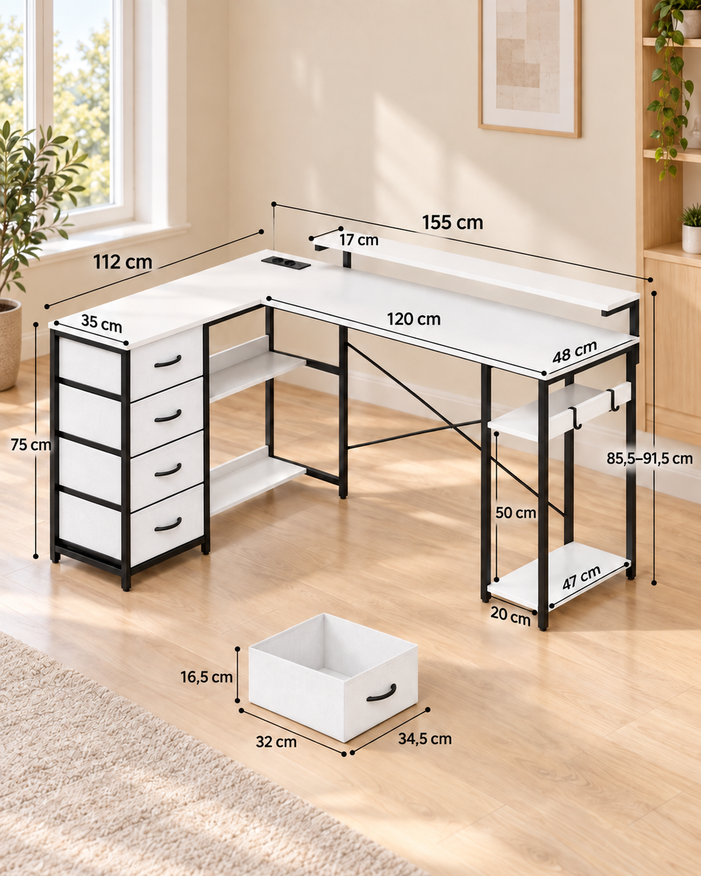 Bureau d’angle réversible blanc avec 4 tiroirs et prises USB