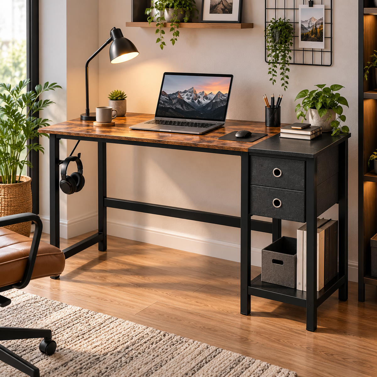 Bureau d'ordinateur avec 2 tiroirs, étagère et crochet, bois et métal