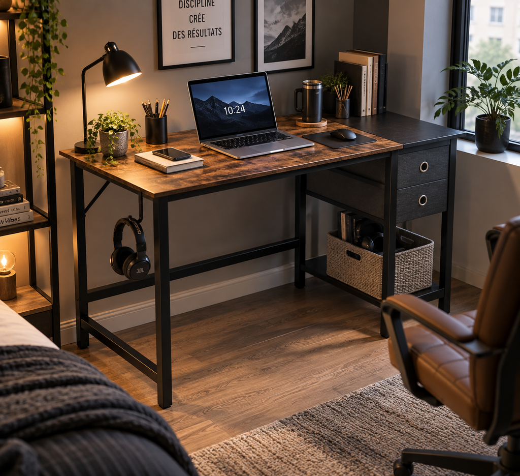 Bureau d'ordinateur avec 2 tiroirs, étagère et crochet, bois et métal