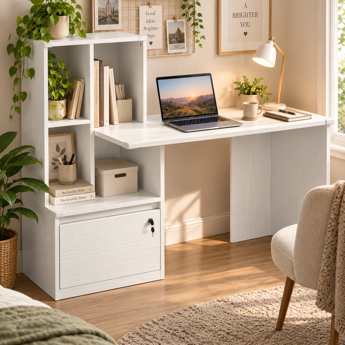 Bureau d'ordinateur avec bibliothèque 4 compartiments et tiroir verrouillable, 126 x 50 x 109 cm, grain de bois blanc