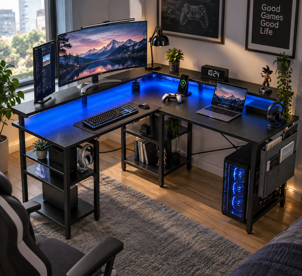 Table de jeu en forme de L, éclairage LED RGB, prises intégrées, 4 étagères réglables