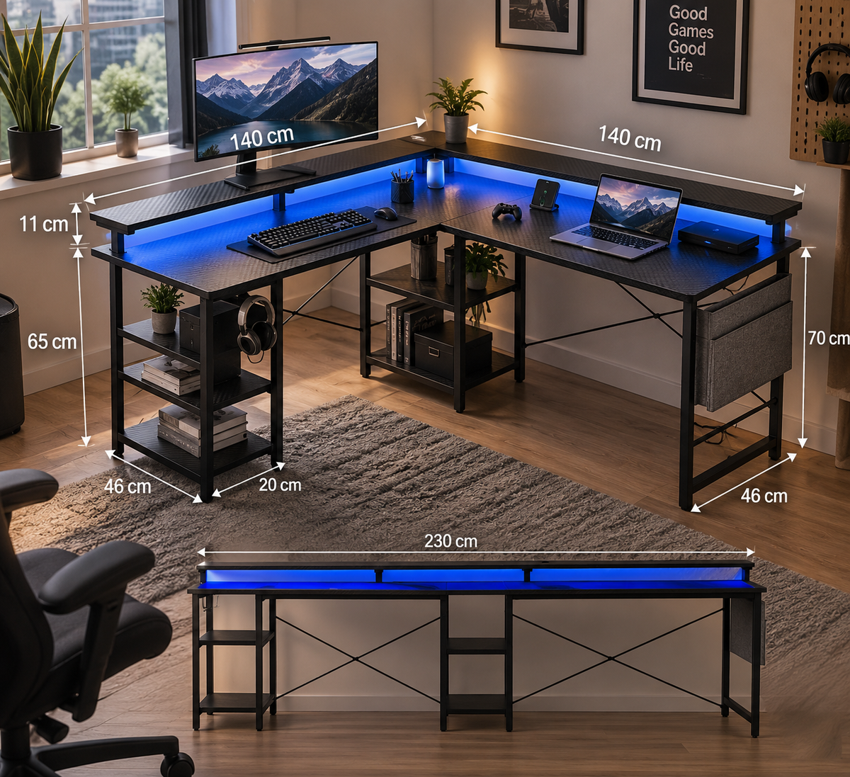 Table de jeu en forme de L, éclairage LED RGB, prises intégrées, 4 étagères réglables
