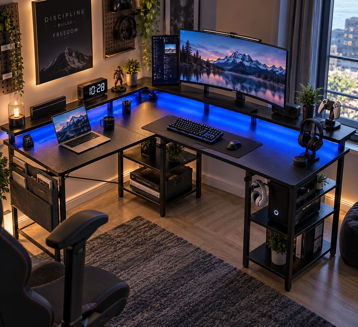Table de jeu en forme de L, éclairage LED RGB, prises intégrées, 4 étagères réglables
