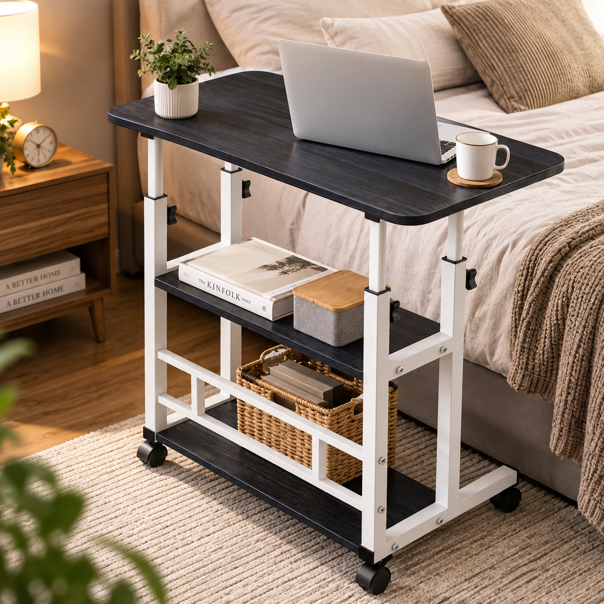 Bureau mobile, bureau d'ordinateur avec 4 roues verrouillables, table d'appoint pour chambre