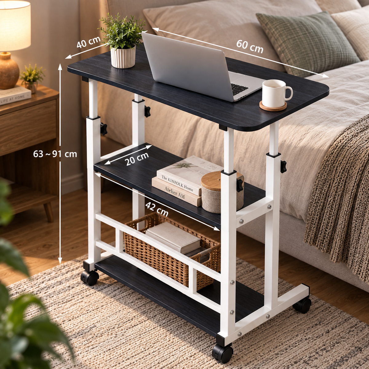 Bureau mobile, bureau d'ordinateur avec 4 roues verrouillables, table d'appoint pour chambre