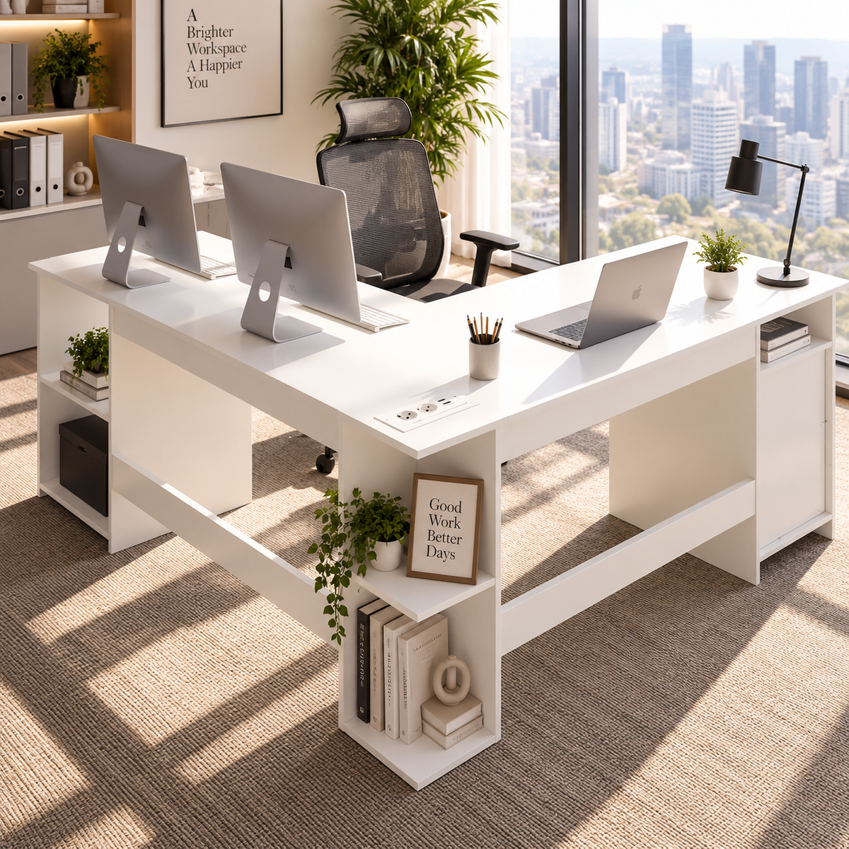 Bureau d'angle en L de 150 cm avec station de charge intégrée, armoire de rangement