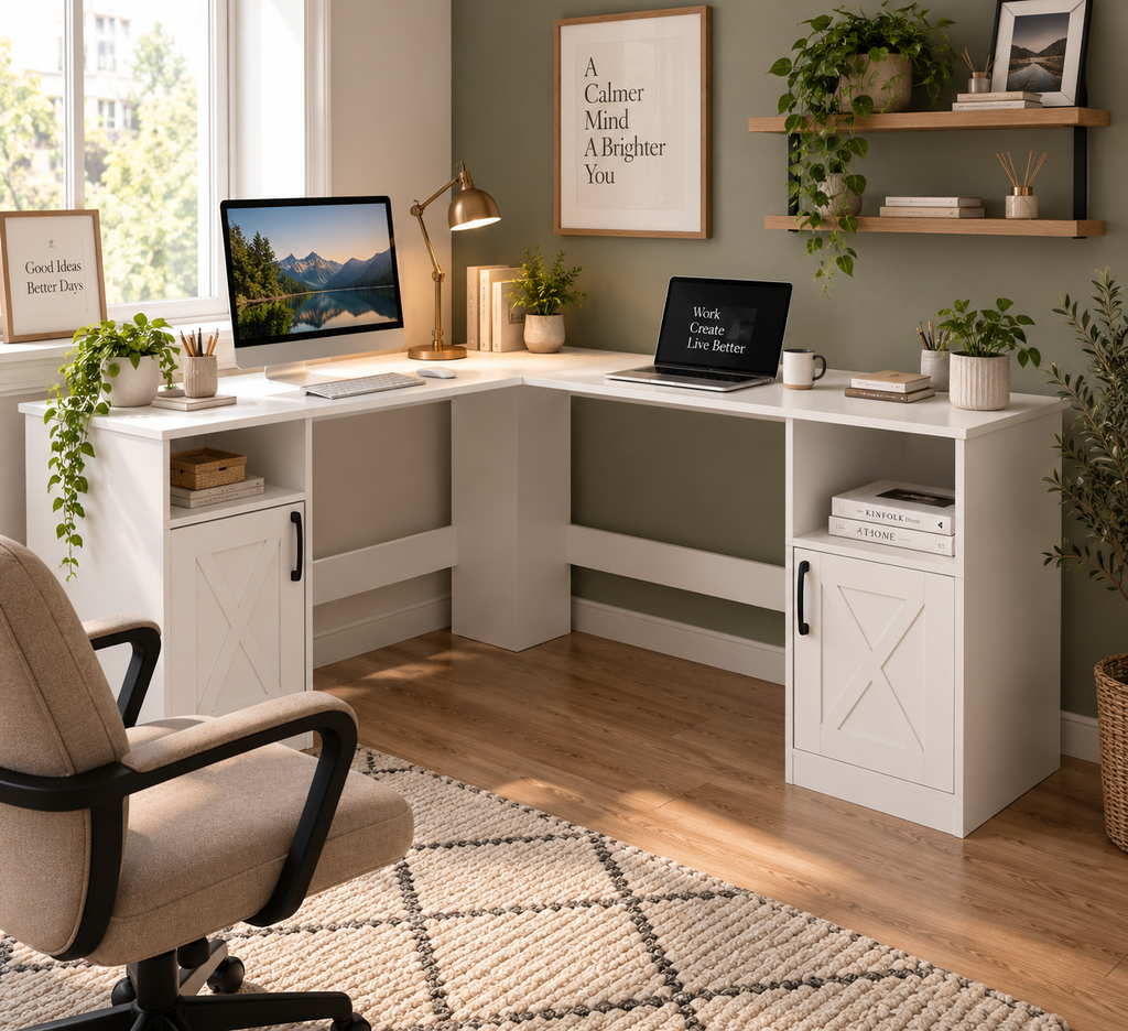 Bureau d'angle en L de 150 cm avec station de charge intégrée, armoire de rangement