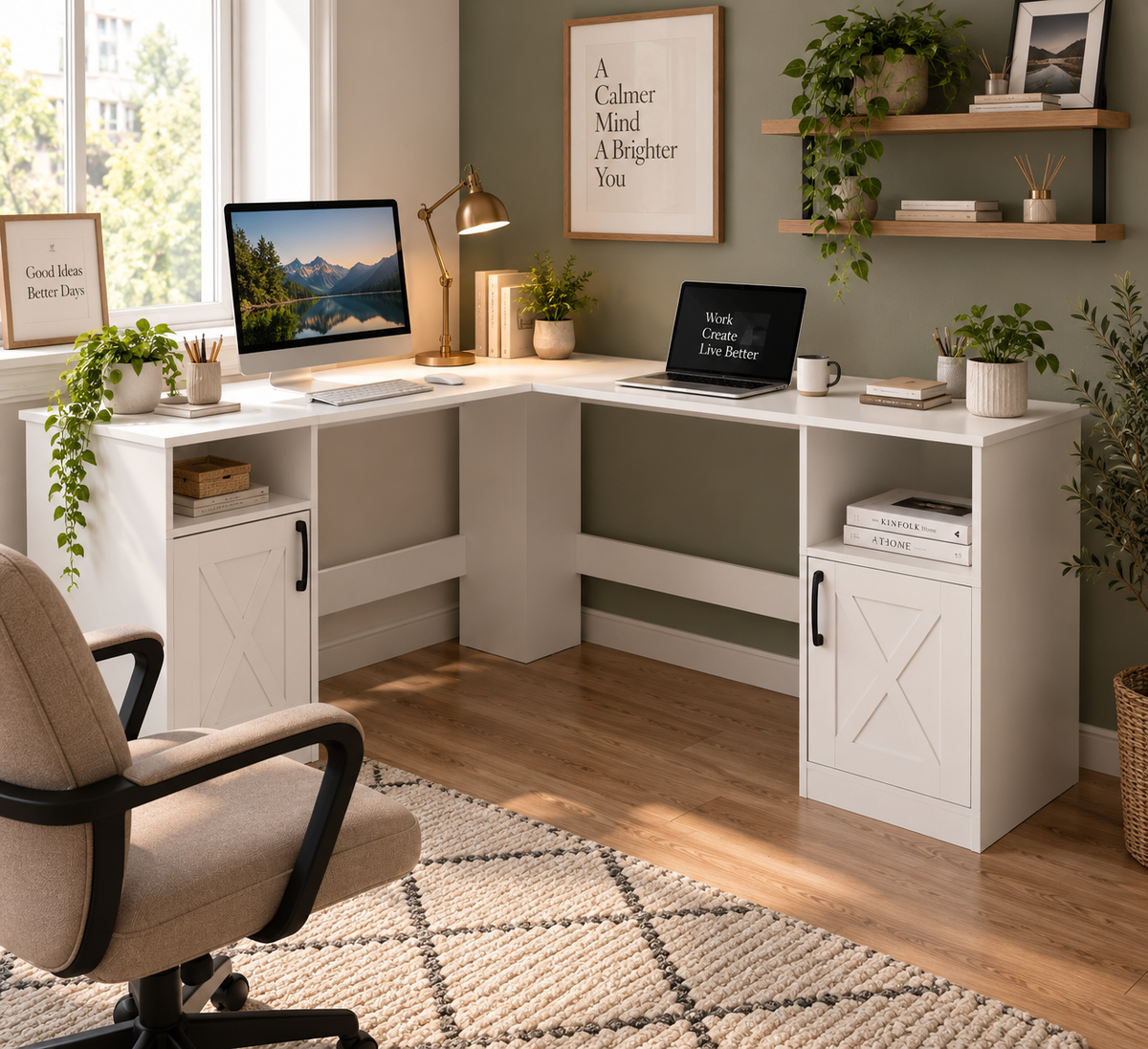 Bureau d'angle en L de 150 cm avec station de charge intégrée, armoire de rangement