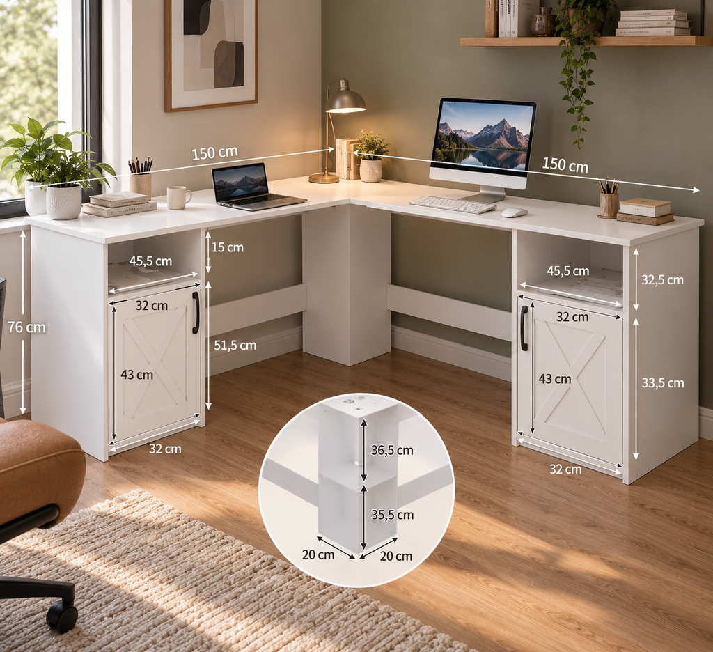 Bureau d'angle en L de 150 cm avec station de charge intégrée, armoire de rangement