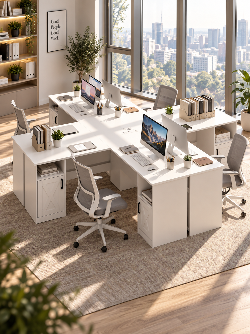 Bureau d'angle en L de 150 cm avec station de charge intégrée, armoire de rangement