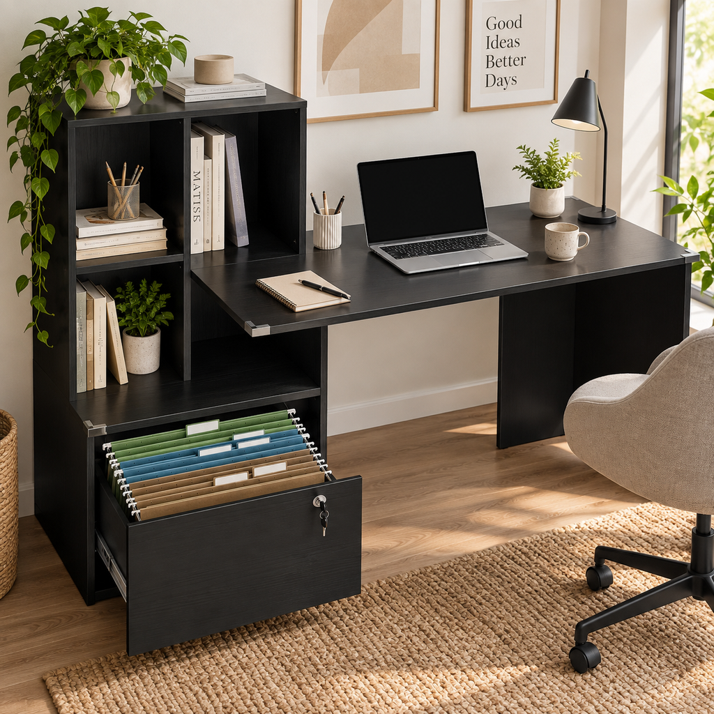 Bureau d'ordinateur avec bibliothèque 4 compartiments et tiroir verrouillable, 126 x 50 x 109 cm, Noir