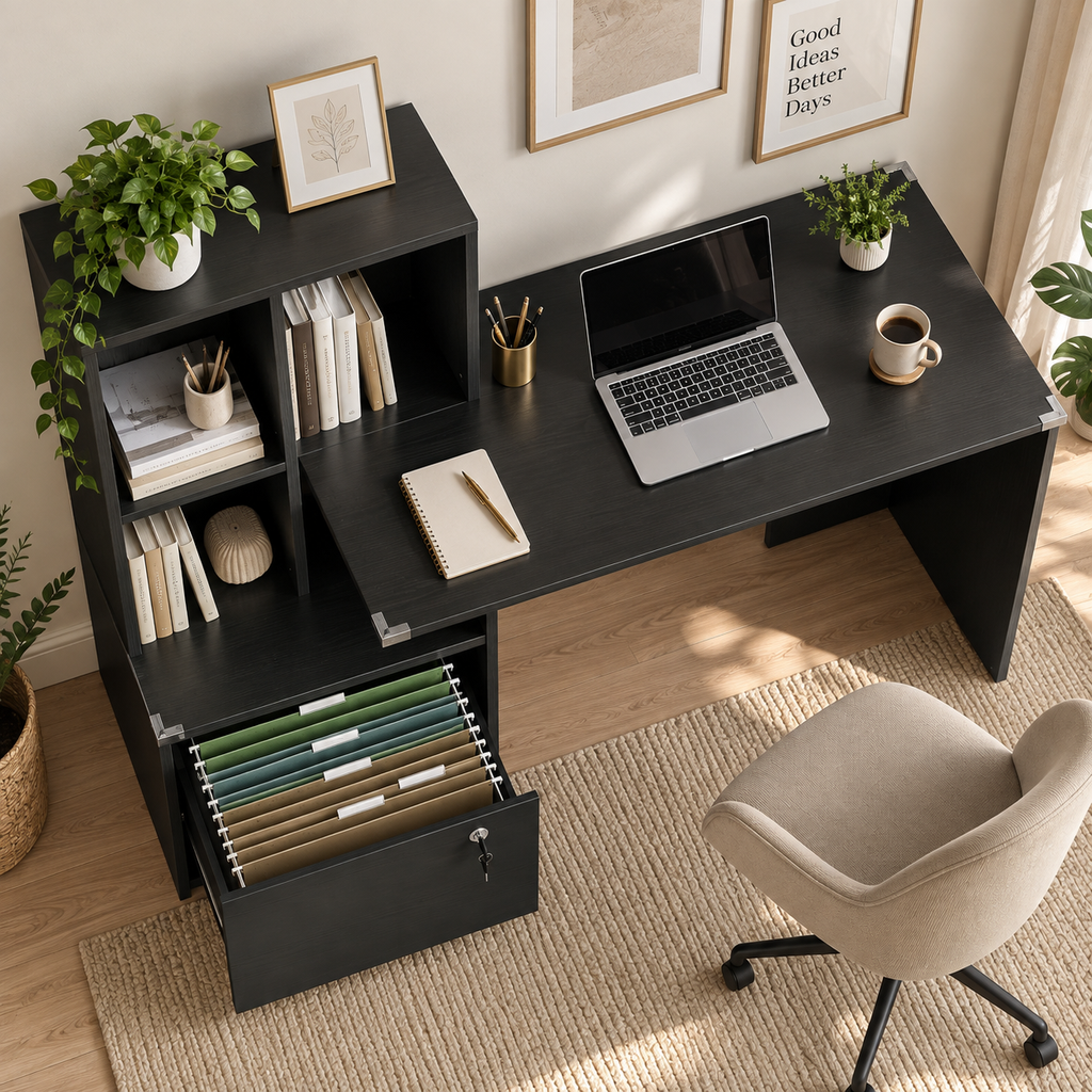 Bureau d'ordinateur avec bibliothèque 4 compartiments et tiroir verrouillable, 126 x 50 x 109 cm, Noir