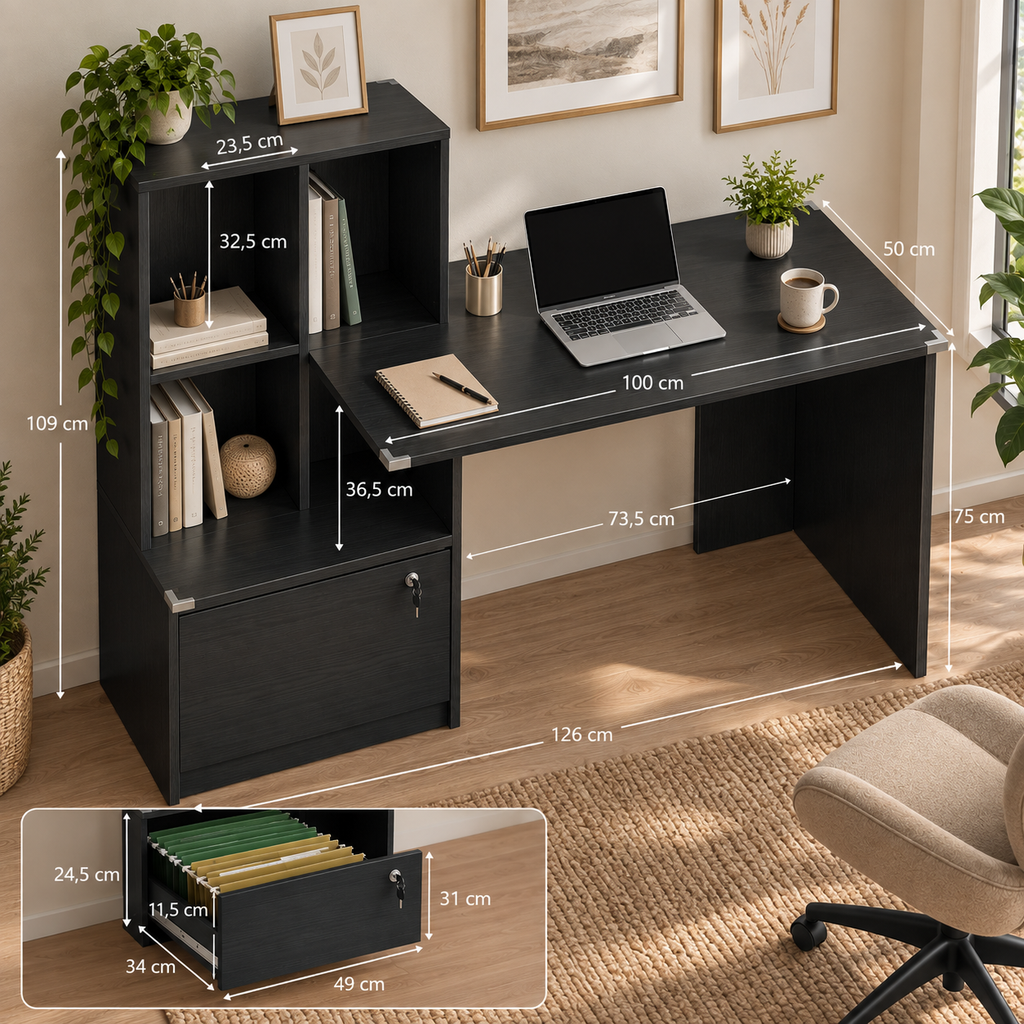 Bureau d'ordinateur avec bibliothèque 4 compartiments et tiroir verrouillable, 126 x 50 x 109 cm, Noir