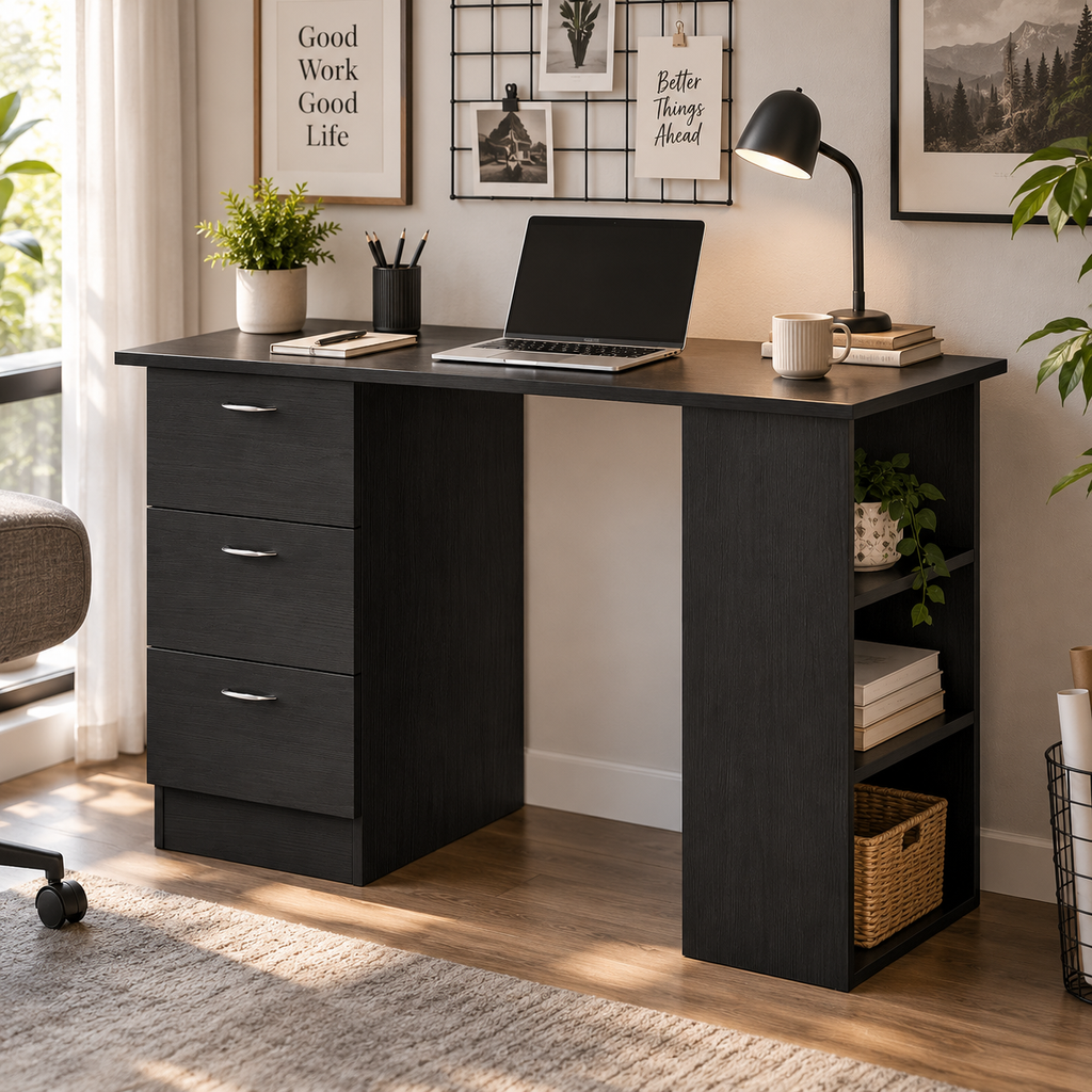 Bureau avec rangement, table informatique 120 x 50 cm noir