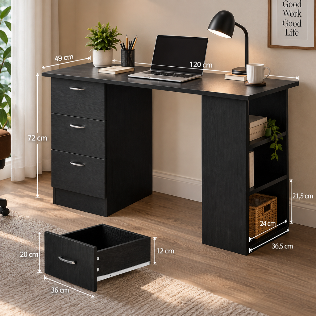 Bureau avec rangement, table informatique 120 x 50 cm noir